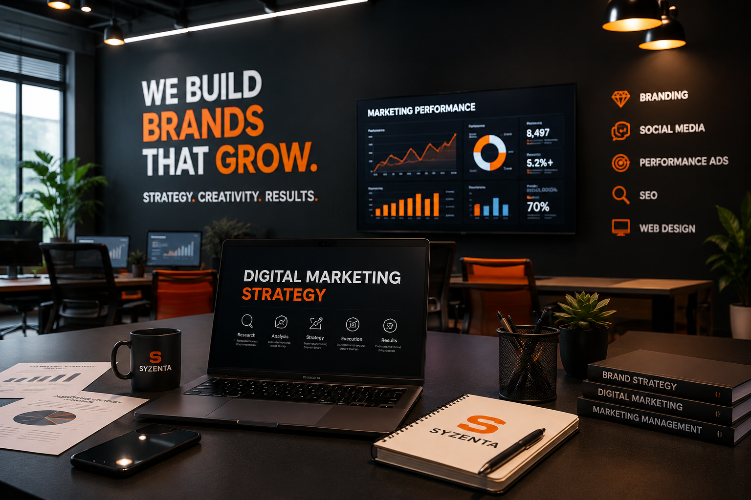 Modern digital marketing agency workspace with branded SYZENTA laptop, performance analytics dashboard, strategy documents, and premium black-orange office interior.